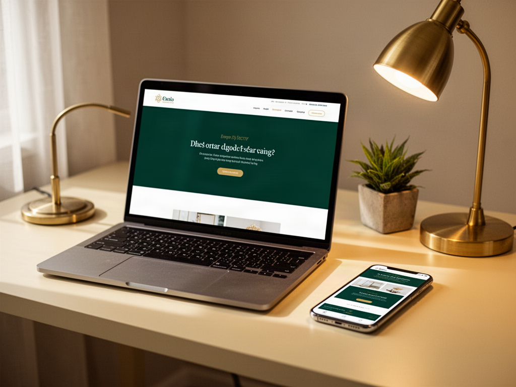 Laptop and phone showing a clean website design on an ivory desk