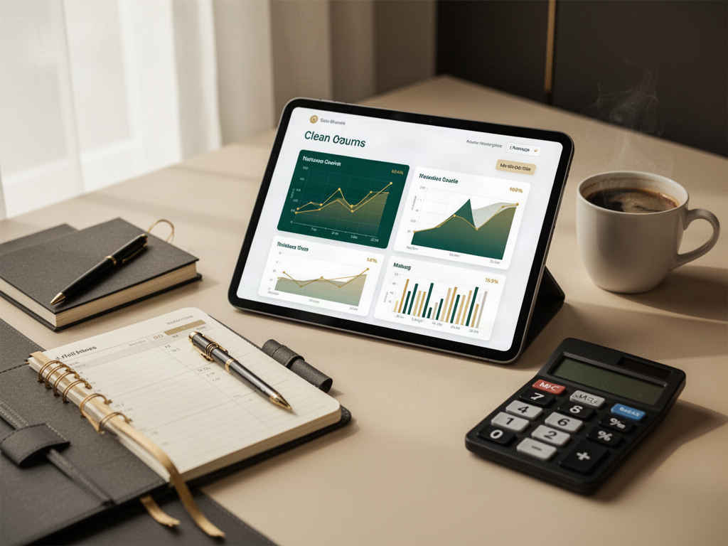 Organized workspace with a tablet dashboard and planner