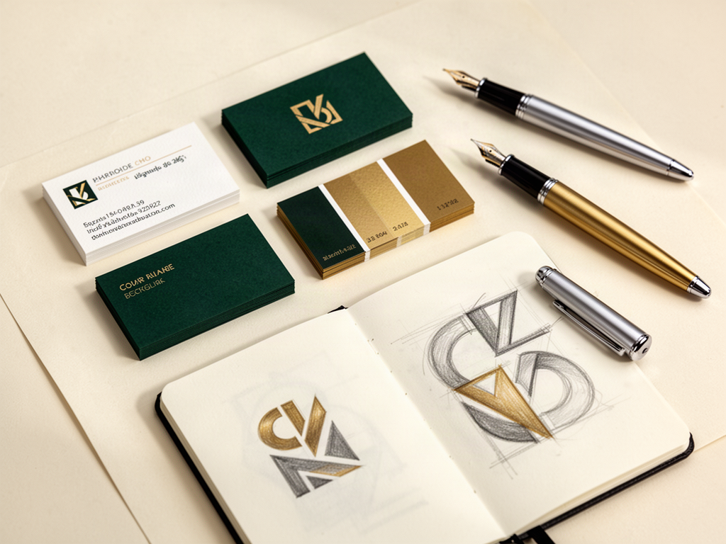 Brand materials with emerald and gold swatches and business cards